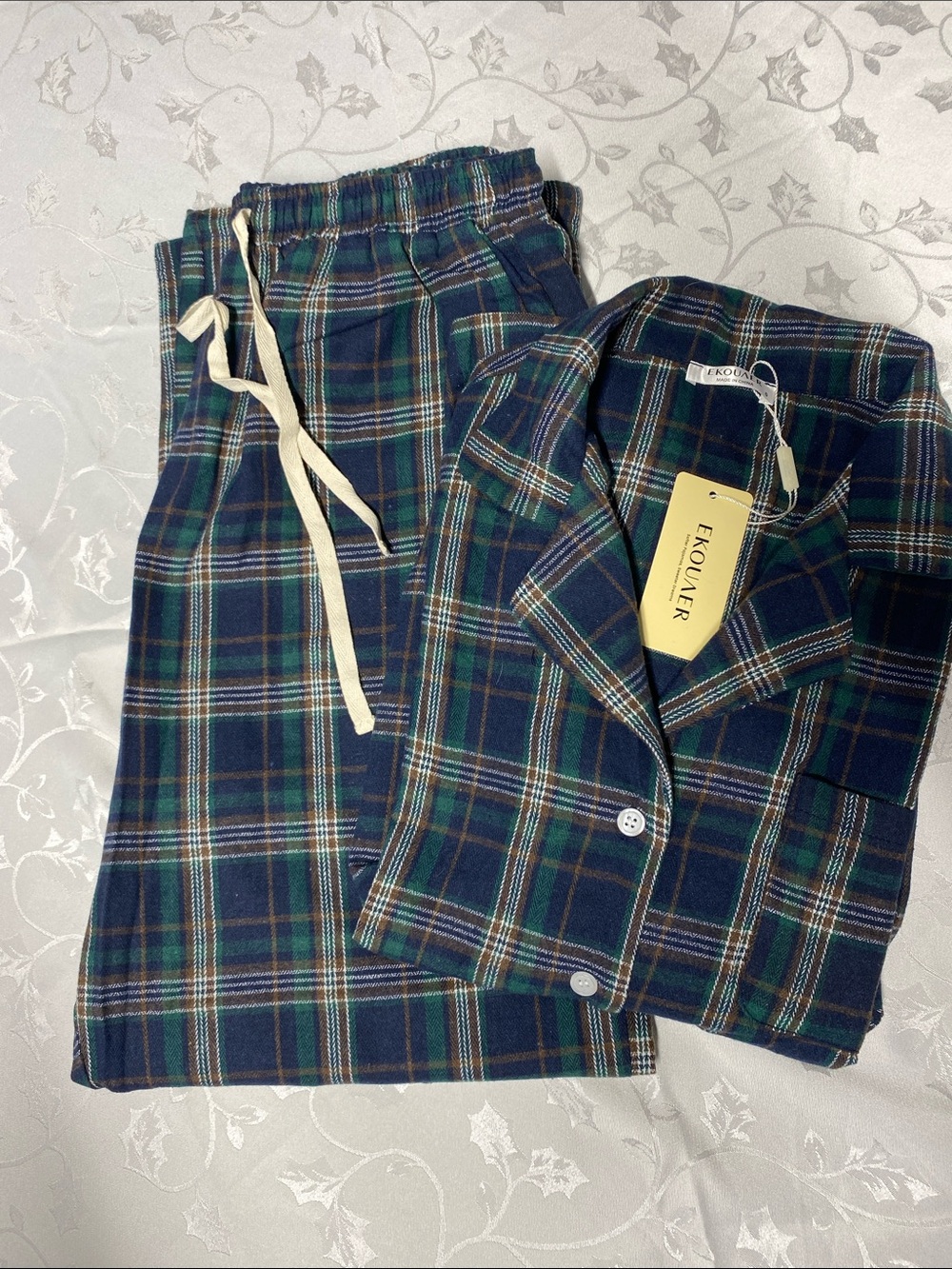 Ekouler Women's Navy Green Plaid Pajama Small B-0037